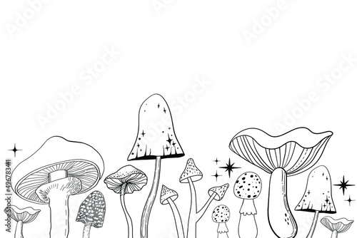 Celestial Mystical boho mushrooms, magic mushroom with moon and stars, witchcraft symbol, witchy esoteric objects, floral mystical elements fungi, fungus. Witchy tattoos. Esoteric clipart