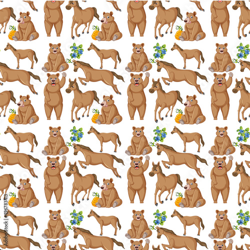 Funny bear and horse on white background seamless