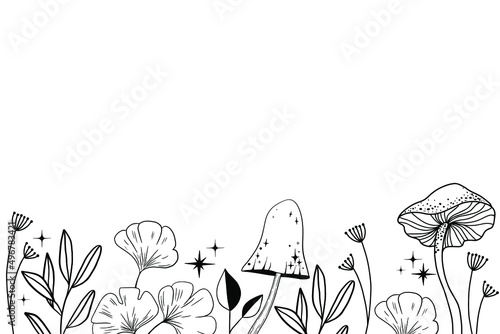 Celestial Mystical boho mushrooms, magic mushroom with moon and stars, witchcraft symbol, witchy esoteric objects, floral mystical elements fungi, fungus. Witchy tattoos. Esoteric clipart