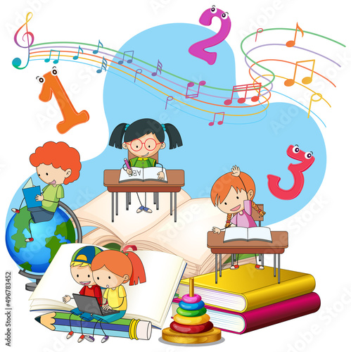 A children are reading books on a stack of books