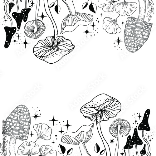Celestial Mystical boho mushrooms, magic mushroom with moon and stars, witchcraft symbol, witchy esoteric objects, floral mystical elements fungi, fungus. Witchy tattoos. Esoteric clipart