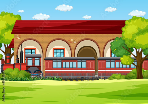 Train station scene with steam locomotive
