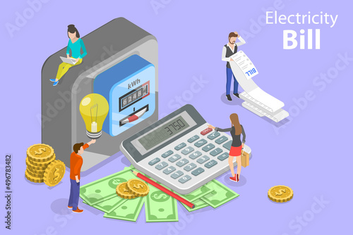 3D Isometric Flat Vector Conceptual Illustration of Electricity Bill, Utility Invoice Online Payment