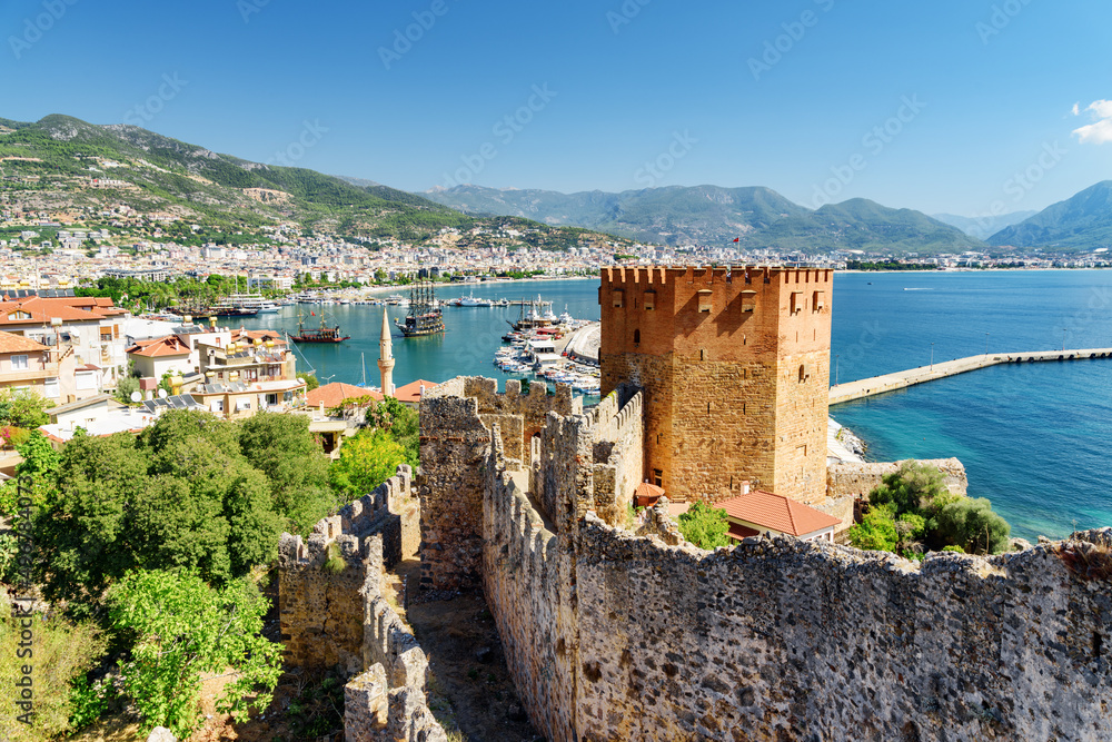 View of Red Tower from fortress walls of Alanya Castle