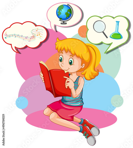 Speech bubble with girl reading book