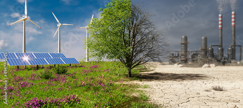 Climate change concept. Tree in two parts with green energy in healthy nature and industrial pollution with conventional energy. 3D rendering. photo