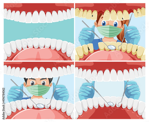 Set of dentist holding instruments examining patient teeth inside human mouth