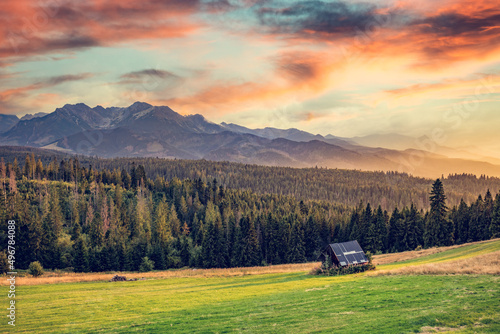 Fototapeta Naklejka Na Ścianę i Meble -  Tatra mountains at sunset with valley landscape in Poland