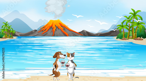 Set of different domestic animals on the beach scene