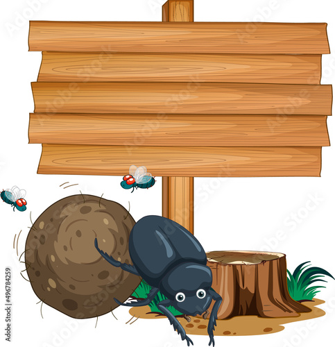 Blank wooden signboard with beetle cartoon