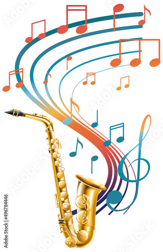 Music notes rainbow colourful with saxophone on white background