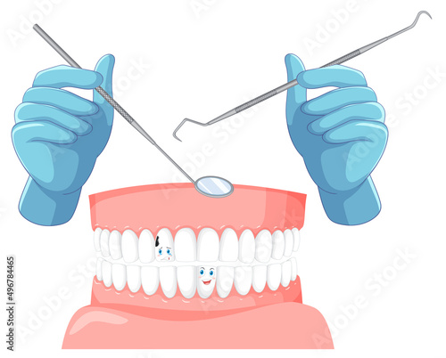 Dentist hand with human teeth model