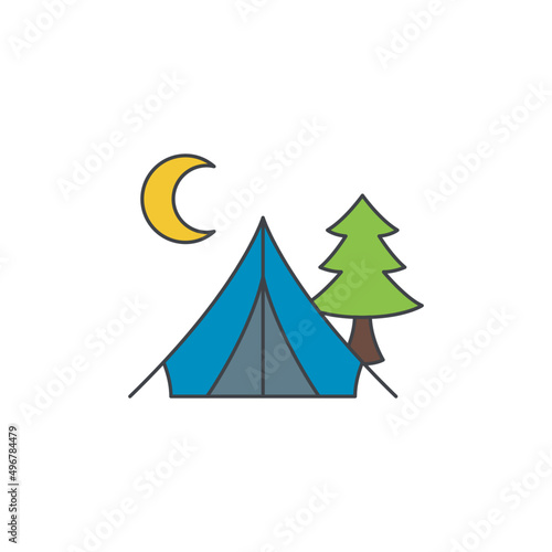 Night Camping, tent and moon icon in color icon, isolated on white background 