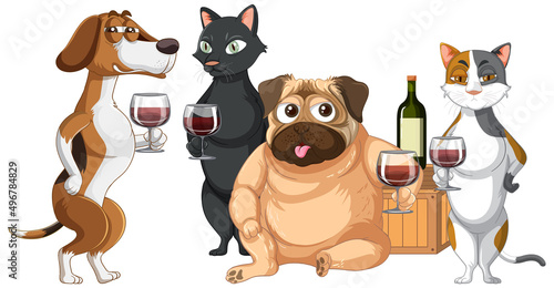 A group of cat and dog drinking wine