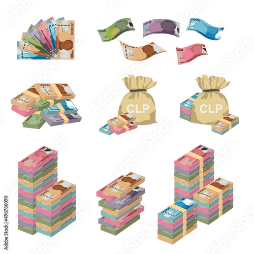 Chilean Peso Vector Illustration. Huge packs of Chile money set bundle banknotes. Bundle with cash bills. Deposit, wealth, accumulation, inheritance. Falling money 1000, 2000, 5000, 10000, 20000 CLP