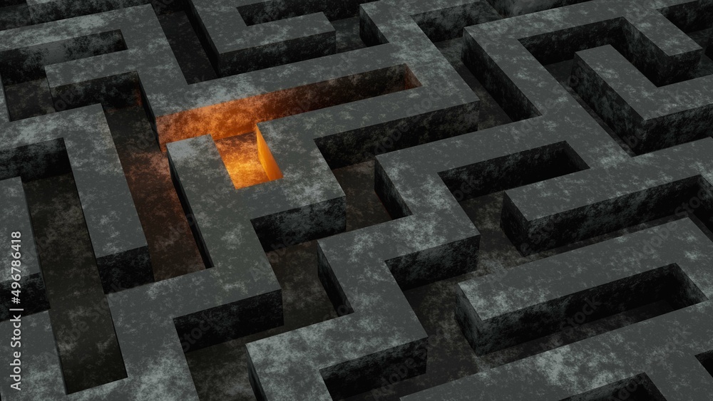 Dark maze with light game concept, grunge wall labyrinth, abstract geometric background Dark maze with light game concept, grunge wall labyrinth, abstract geometric background