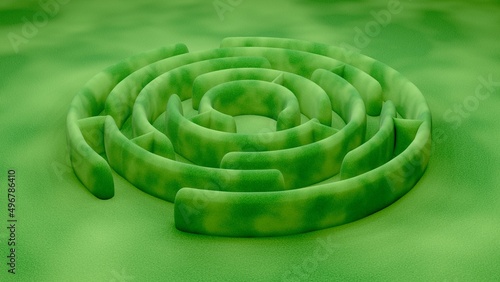 Green maze in park, abstract nature design, 3d green abstract labyrinth