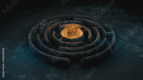 Labyrinth game concept, old grunge walls and building, round maze pattern, horror night