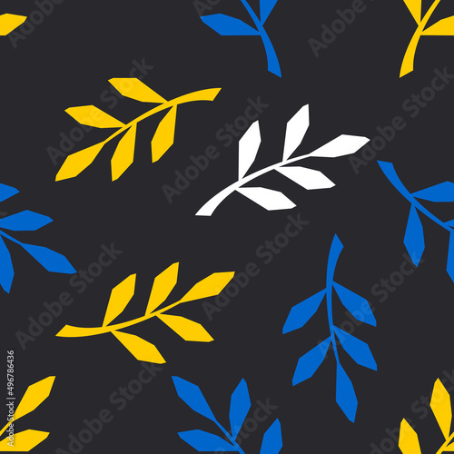 Blue and yellow sprigs of plants on a black background. Seamless cute pattern for trendy fabrics, decorative paper. 