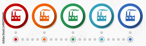 Factory, industry concept vector icon set, infographic template, flat design colorful web buttons in 5 color options