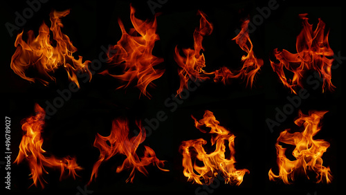 A collection of 8 flame images.Flame Flame Texture for whimsical fire backgrounds. Flame meat that has been burned from the stove or from cooking danger feeling abstract black background.