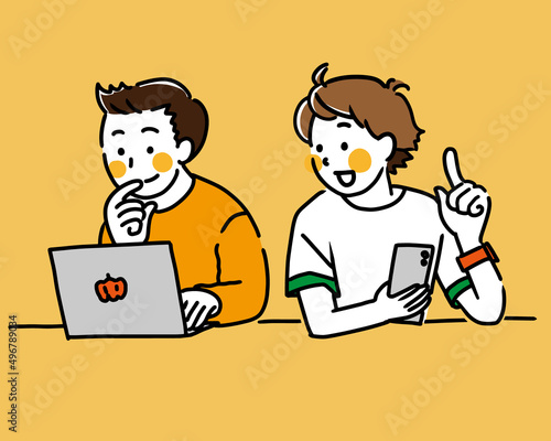 IT企業に勤める若い男性同僚二人がミーティングをしてアイデアを出しているイラスト