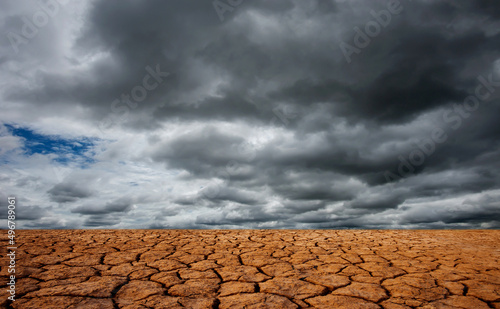 A barren land under a sky darkened by global warming.