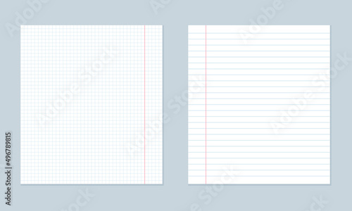 Template with paper notebook. Lined and squared paper notebook. Blank copybook with shadow.
