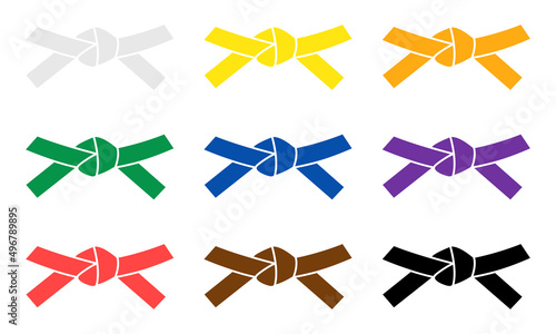 Set with belts karate on white background. Full Collection of martial arts belts. Vector 10 EPS. photo