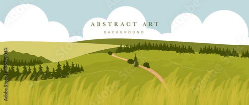 Abstract watercolor landscape background. Nature wallpaper of green field, road, pine forest, blue sky and cloud. panoramic view of green meadow suitable for cover, banner, wall art, decoration.