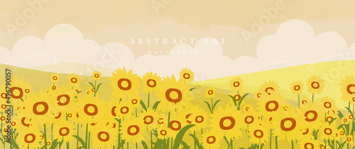 Abstract watercolor landscape background. Nature wallpaper of yellow field, sunflower, sky and cloud. panoramic view of blossom sunflower meadow suitable for cover, banner, wall art, decoration.