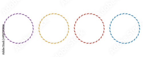Colored set with gymnastic bangles hoops. Sport circle striped hula Hoops for gymnastics. Fitness equipment. photo