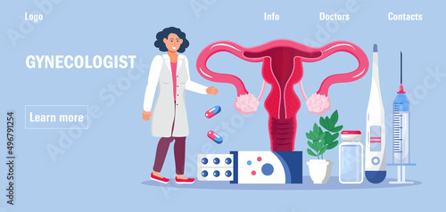 Gynecologist concept vector for medical blog. Gynecology specialists treat patient. Family planning, pregnancy, infertility treatment,
