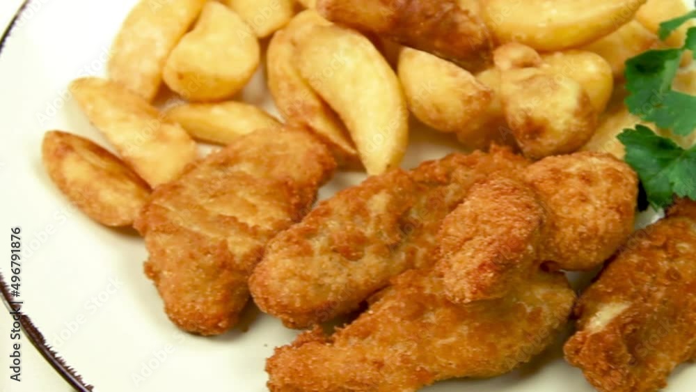 close up of potato and nuggets on a plate close up of potato and nuggets on a plate