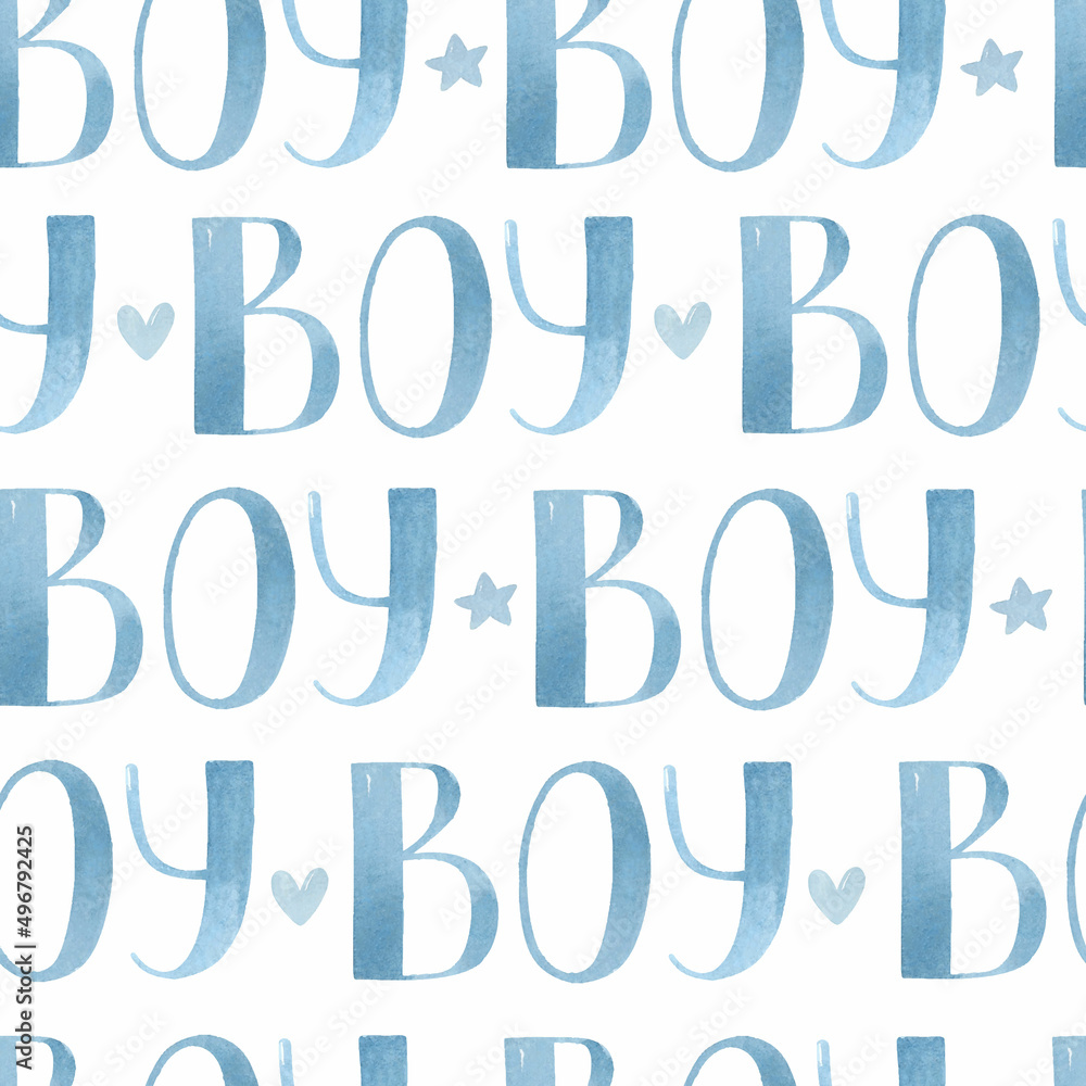Boy watercolor lettering with heart and star seamless pattern	