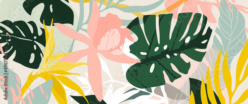 Abstract foliage and botanical background. Colorful tropical wallpaper of palm, monstera leaves, branch and jungle. Exotic plants in summer on pink background for banner, prints, decor, wall art.