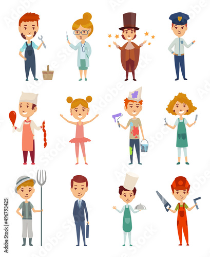 Kid professions set. Cartoon young persons in professional uniform. Cute children occupations vector illustration. Boys and girls characters in professions suits