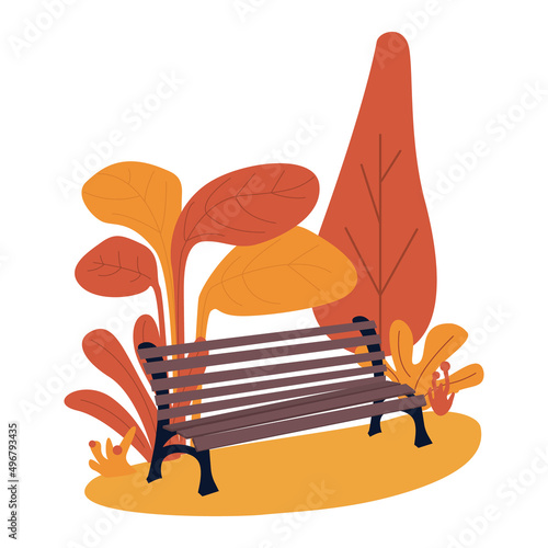 Wooden bench surrounded by autumn scenery semi flat color vector object. Full sized item on white. Park, forest. Nature preserve simple cartoon style illustration for web graphic design and animation