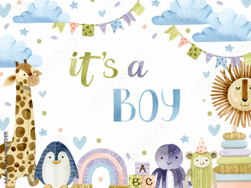 It's a boy watercolor frame with toys and lettering baby shower invitation
