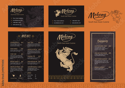 Corporate identity Thai restaurant. Menu and business card design template. Vector