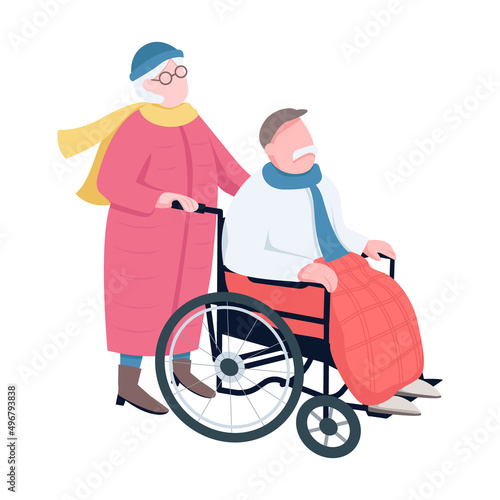 Senior woman walking with old husband semi flat color vector characters. Posing figures. Full body people on white. Park visitors simple cartoon style illustration for web graphic design and animation