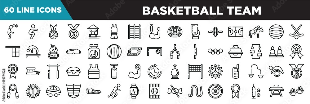 basketball team line icons set. linear icons collection. head hitting, squats, second place, bronze vector illustration basketball team line icons set. linear icons collection. head hitting, squats, second place, bronze vector illustration