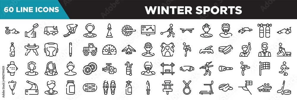 winter sports line icons set. linear icons collection. kart racing, coin toss, ice resurfacer, hang glider vector illustration winter sports line icons set. linear icons collection. kart racing, coin toss, ice resurfacer, hang glider vector illustration