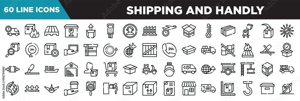 shipping and handly line icons set. linear icons collection. logistics times, flammable box, pallets, cardboard box with glasses vector illustration