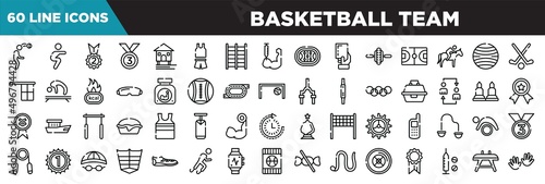 basketball team line icons set. linear icons collection. head hitting, squats, second place, bronze vector illustration