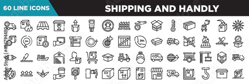 shipping and handly line icons set. linear icons collection. logistics times, flammable box, pallets, cardboard box with glasses vector illustration