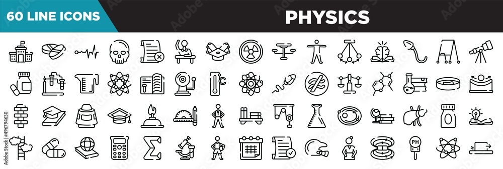 physics line icons set. linear icons collection. high school, drugs, life line, anthropology vector illustration