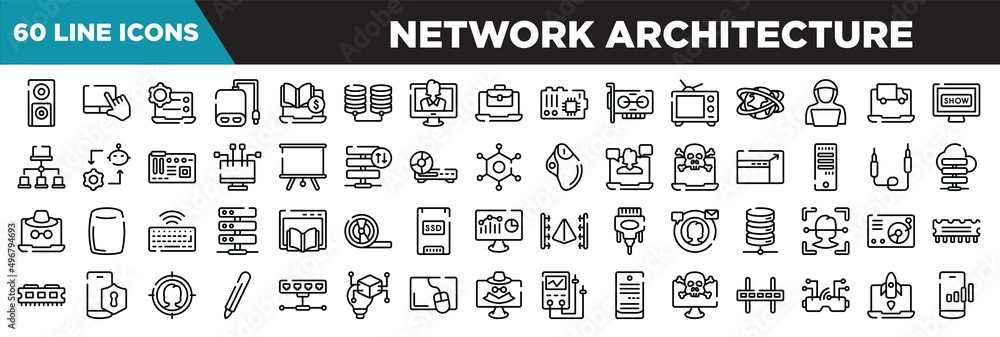 network architecture line icons set. linear icons collection. dvd player, touchpad, preferences, power bank vector illustration