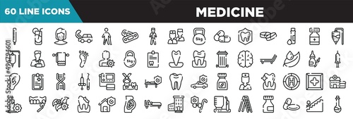 medicine line icons set. linear icons collection. thermometer reading temperature, fresh soda glass, pimples, car crash vector illustration