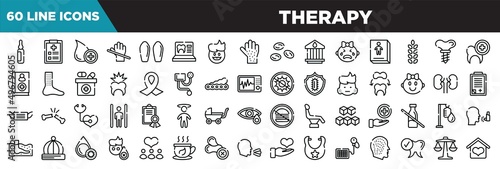 therapy line icons set. linear icons collection. ampoule, examination, donor, latex vector illustration